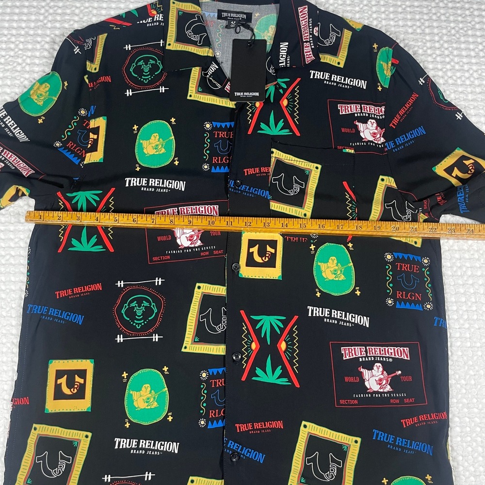 True Religion Resort Shirt Mens Large Black NWT SS Camp Collar Graphic Buddha - Picture 6 of 16